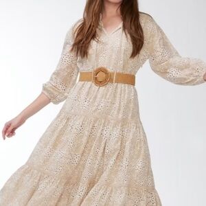 Chicos tiered ruffle eyelet midi dress in neutral.